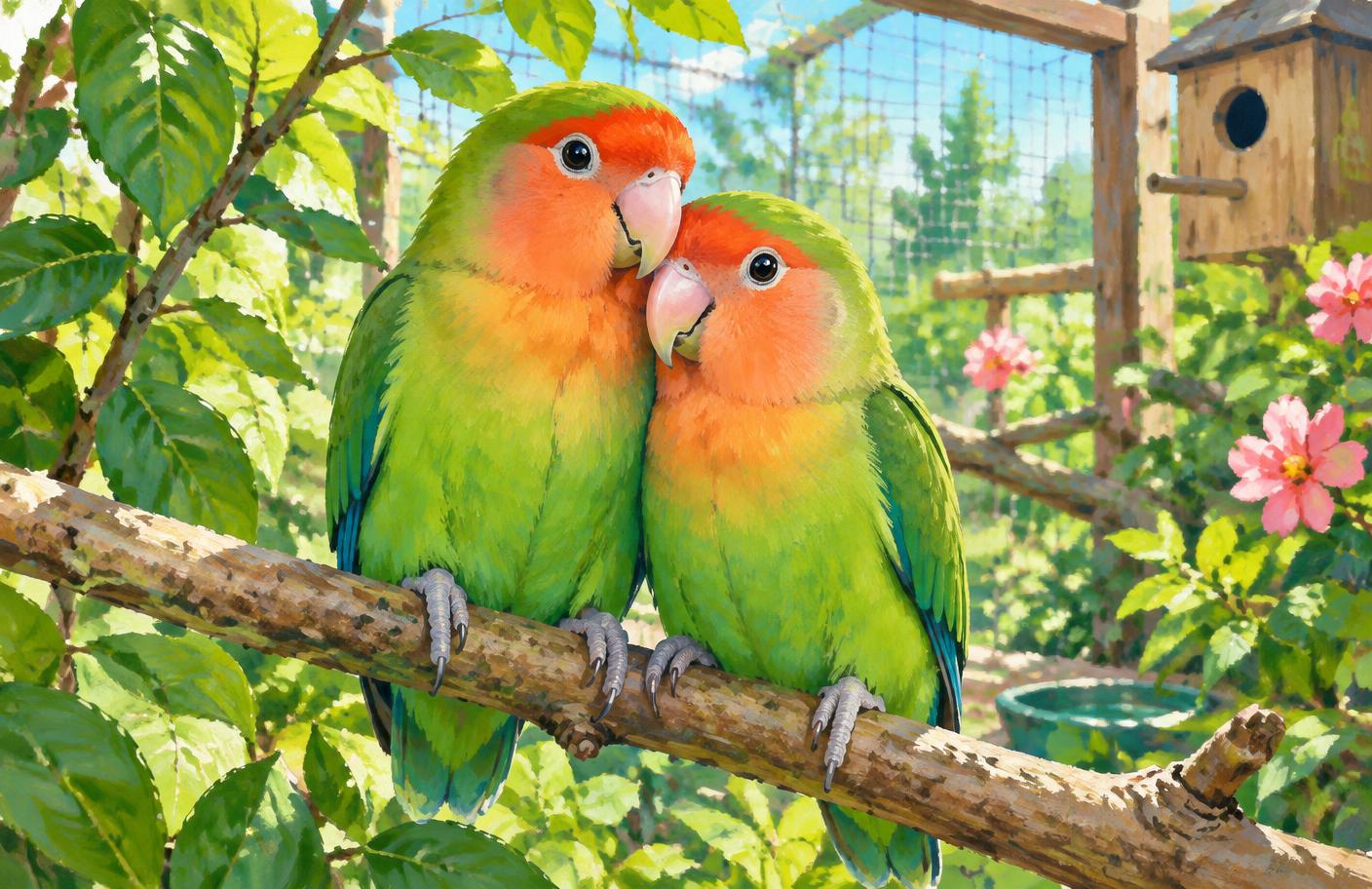 Sfeerillustratie van twee groene agapornissen met oranje kop dicht naast elkaar op een tak in een beplante volière