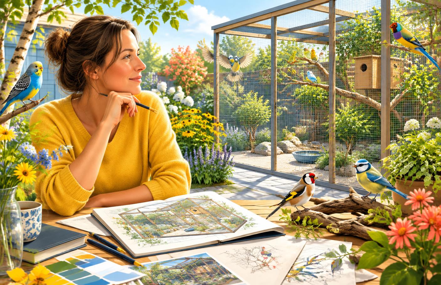 Sfeerillustratie van iemand die een ruime tuinvolière ontwerpt met vogels en planten op de achtergrond