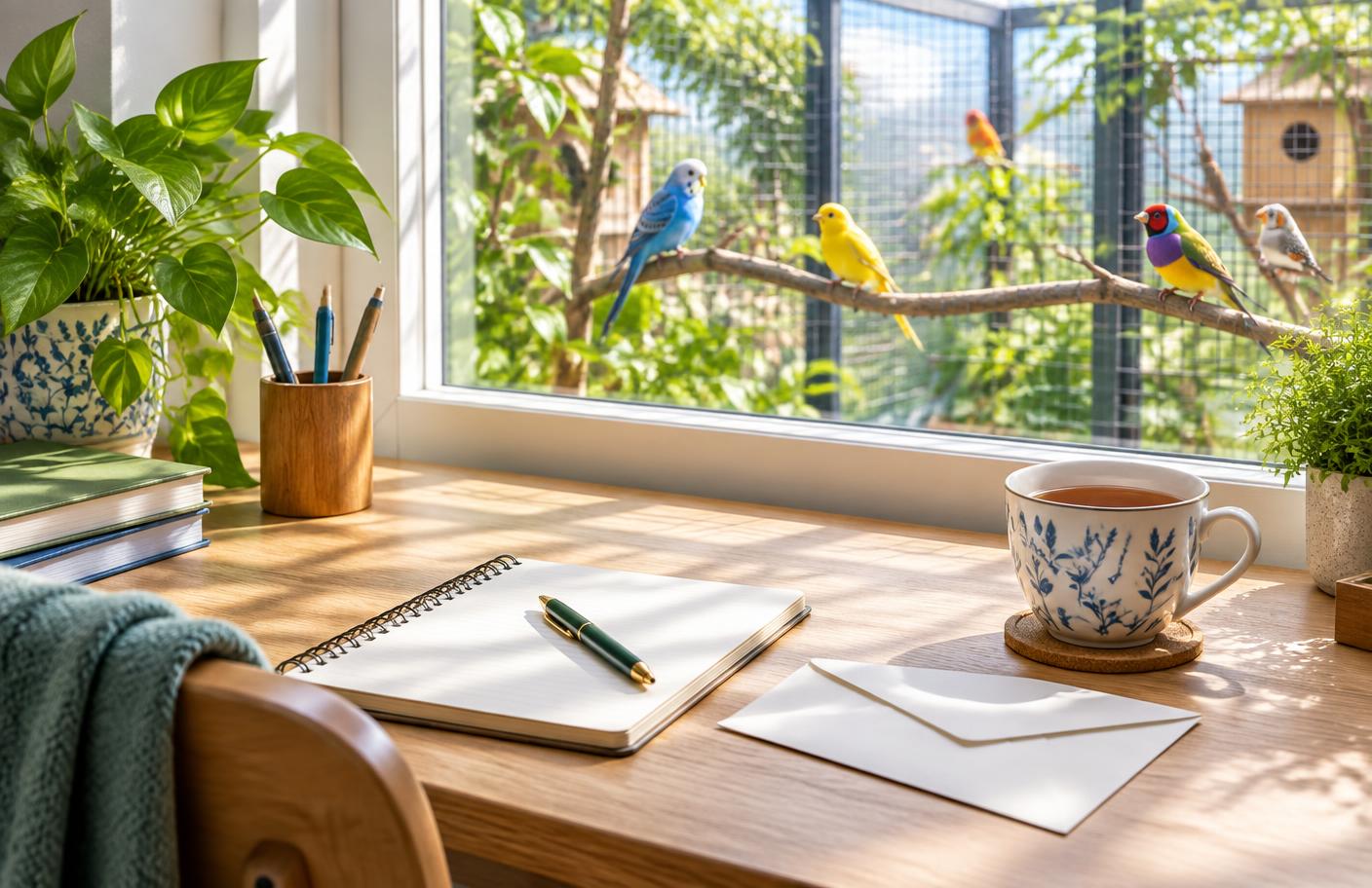 Sfeerillustratie van een schrijftafel met vogelnotities, veren en zicht op een lichte volière