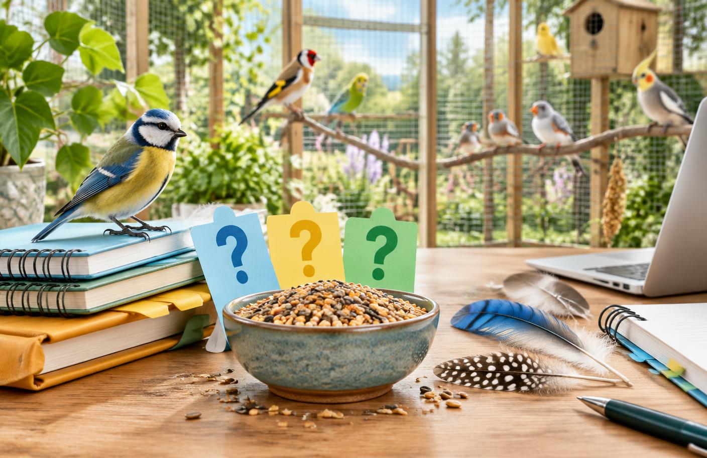 Sfeerillustratie van notities, voer en een lichte volière bij vragen over vogelzorg