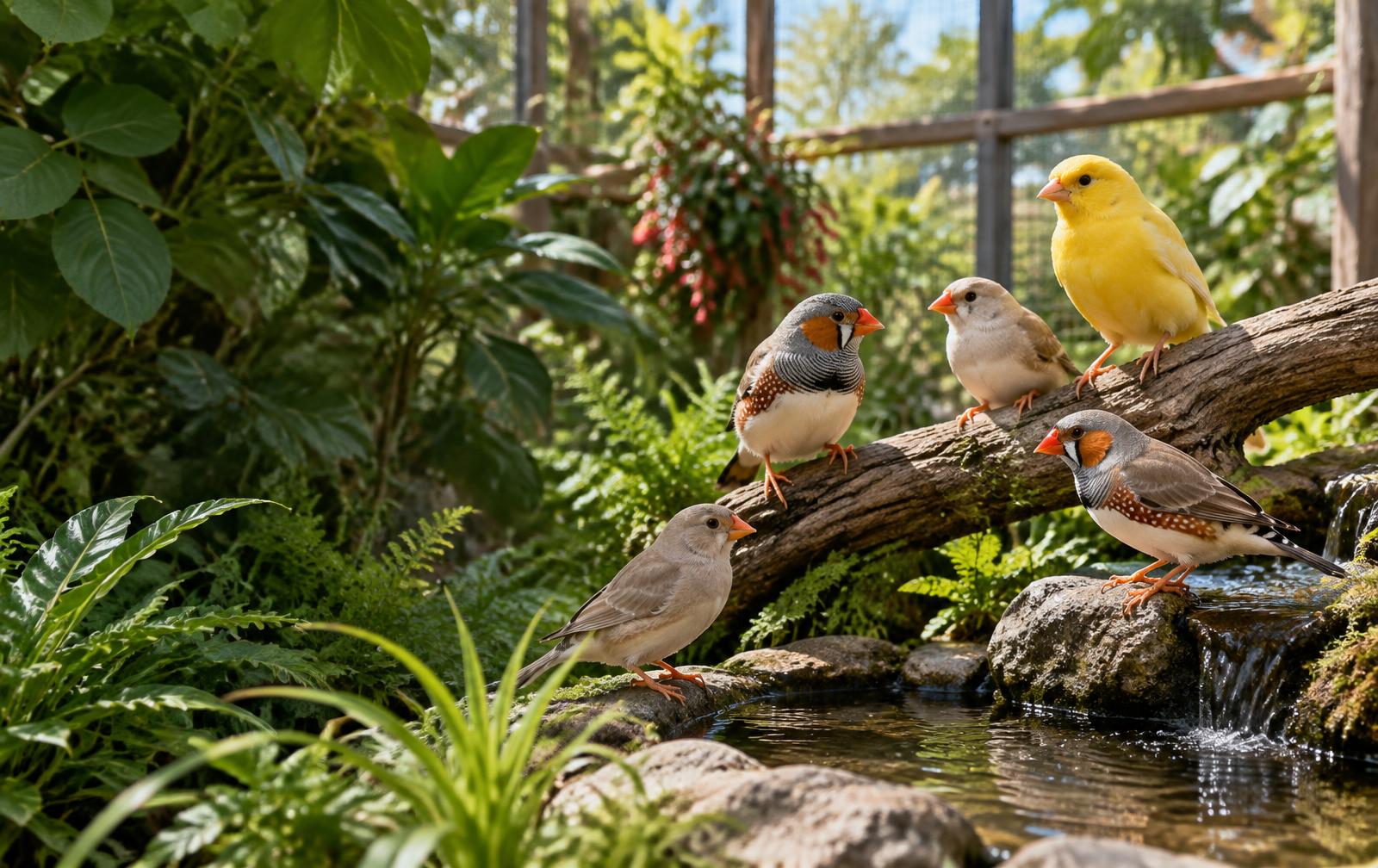 Sfeerillustratie van een weelderig beplante tuinvolière met kleine vogels en een waterpartij