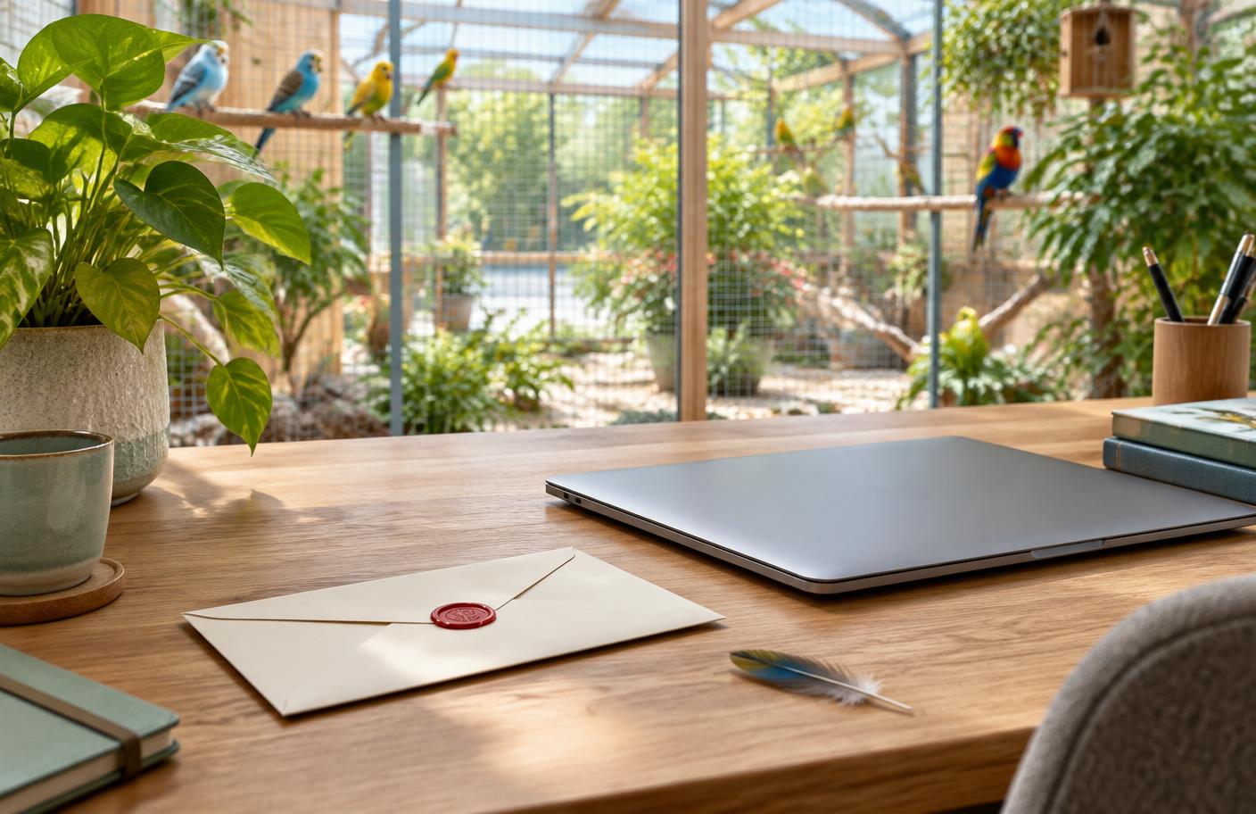 Sfeerillustratie van een gesloten envelop en een bureau met zicht op een lichte volière