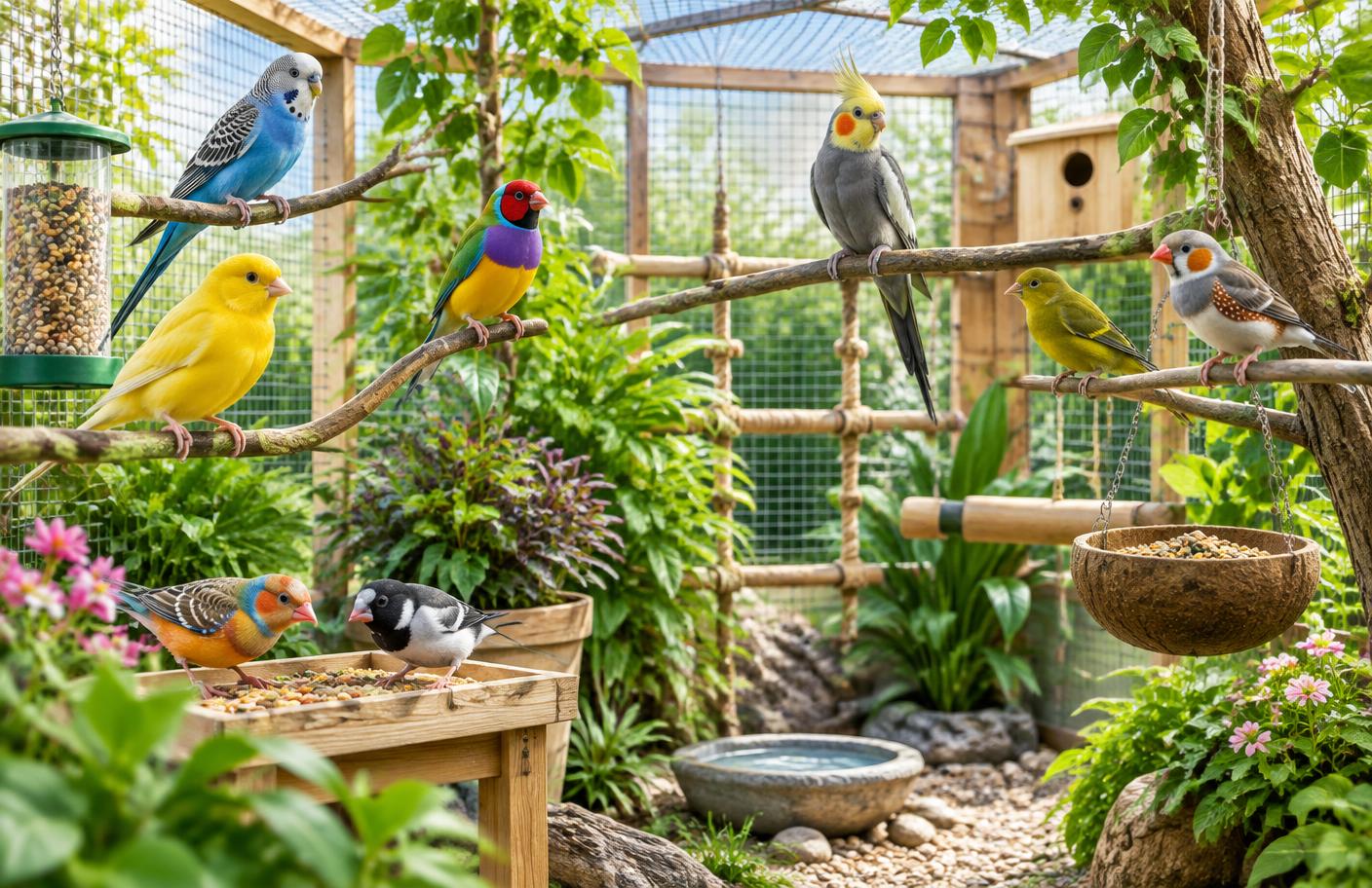 Sfeerillustratie van meerdere kleine vogels in een ruime beplante volière met verschillende zitplekken
