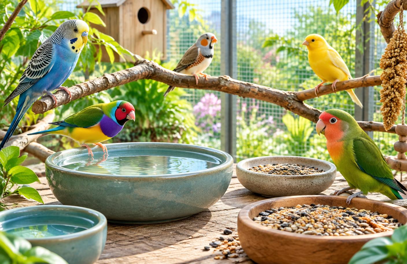 Sfeerillustratie van voer- en waterbakken met kleine kleurrijke vogels in een lichte volière