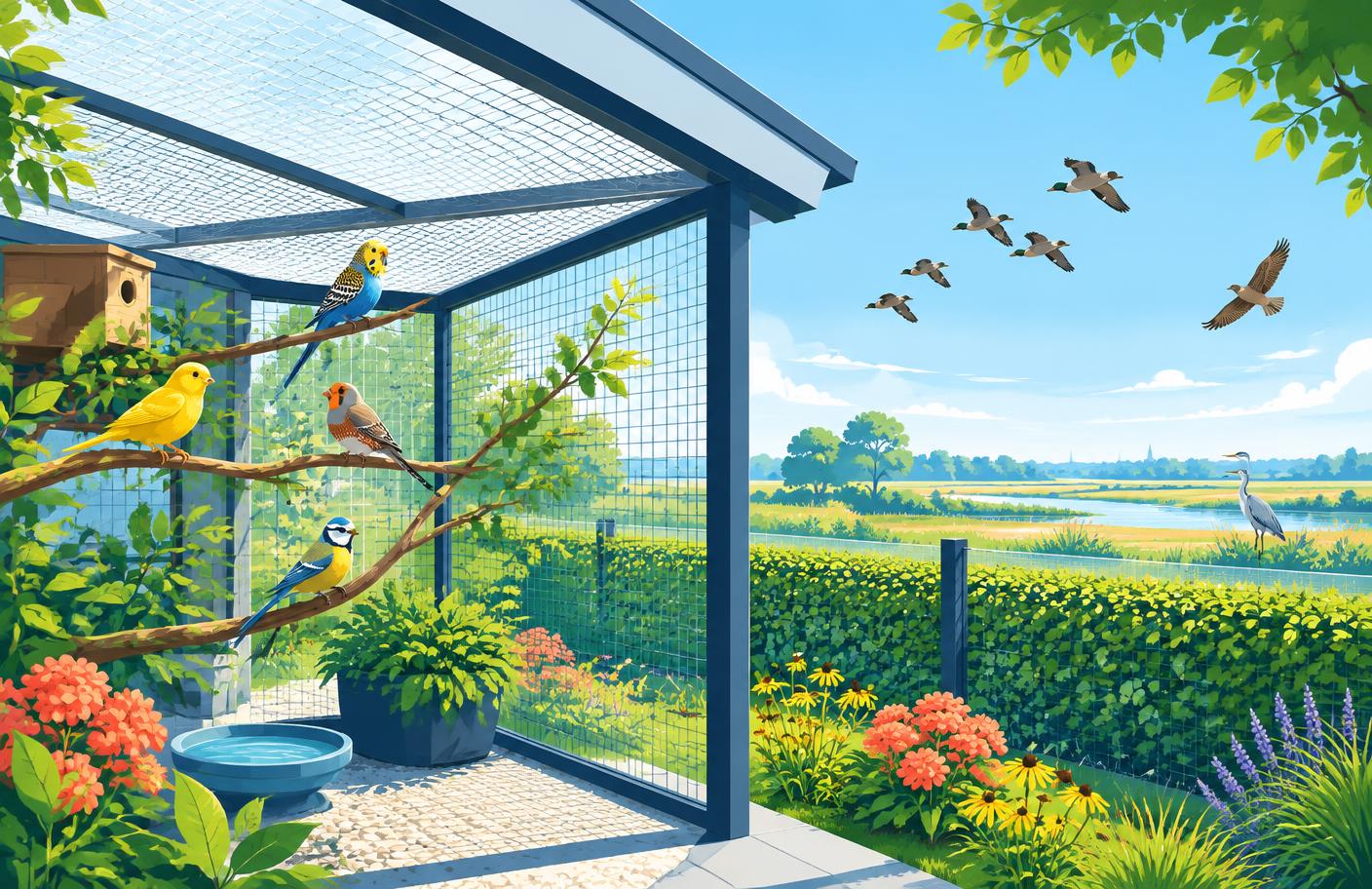 Sfeerillustratie van een schone overdekte volière met afgeschermd voer en wilde vogels op afstand