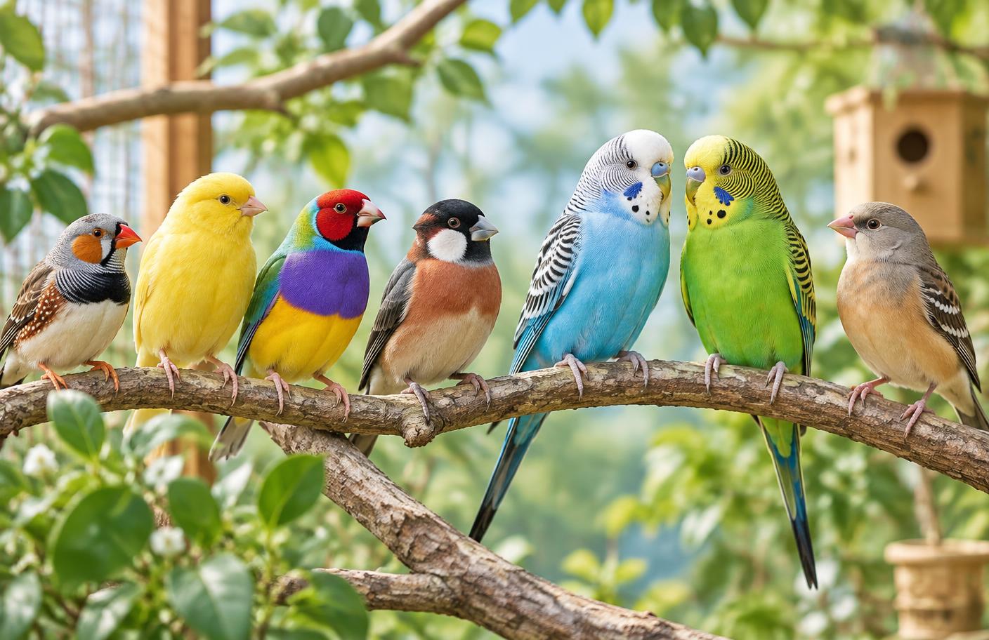 Sfeerillustratie van verschillende kleurrijke kleine volièrevogels op een tak