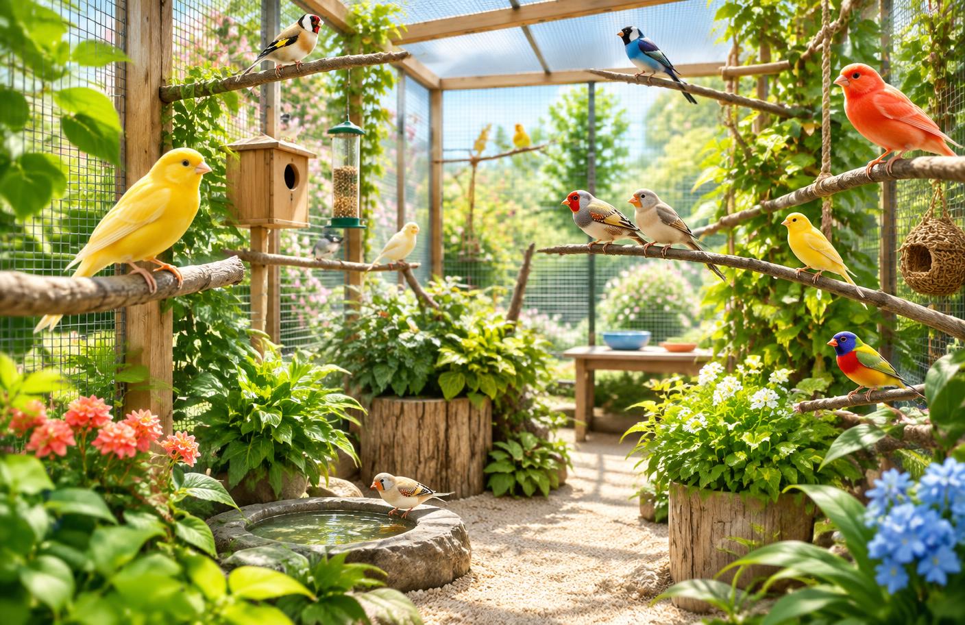 Sfeerillustratie van een ruime, beplante volière met natuurlijke zitstokken en kleine vogels